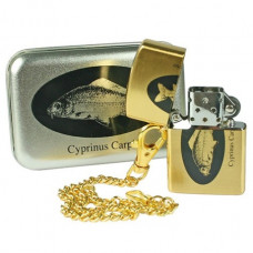 Carp Themed Gold Coloured Petrol Pocket Lighter with chain, gift tin